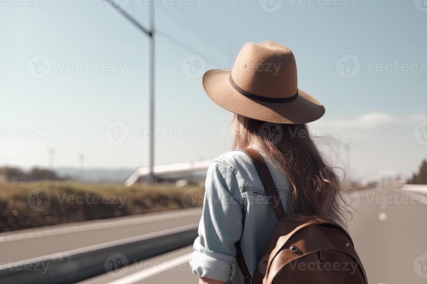 Beautiful millennial woman in casual wear hitchhiking on roadside. Adventure and tourism concept. photo