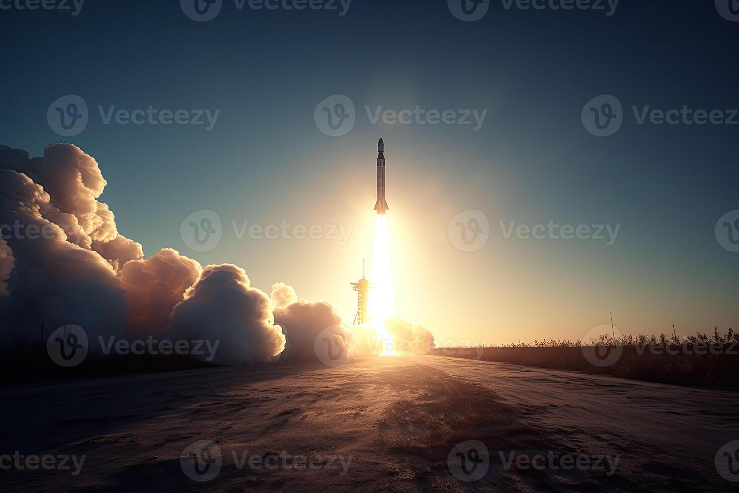 Rocket stars into space. Spaceship takes off into the sky on a mission. photo