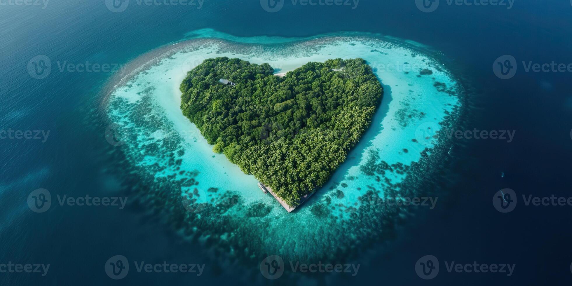 . . Aerial drone photo realistic illustration of island maldives in heart shape. Paradise adventure vacation tropical vibe. Graphic Art