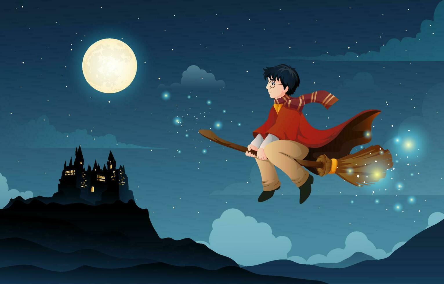 A Wizard Boy Riding a Broom with His Magic Skills Background vector