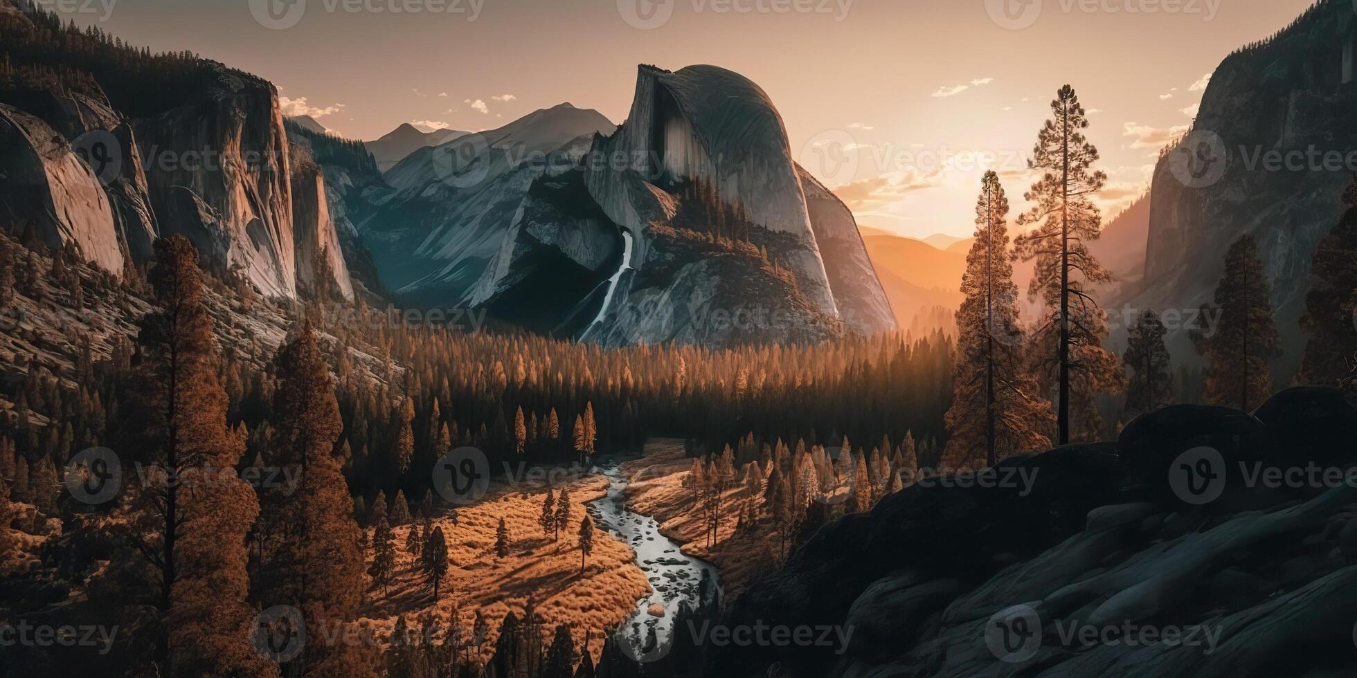 ai generado. ai generativo. foto realista ilustración de Estados Unidos americano yosemite nacional parque en el noche Mañana. aventuras explorar onda. gráfico Arte