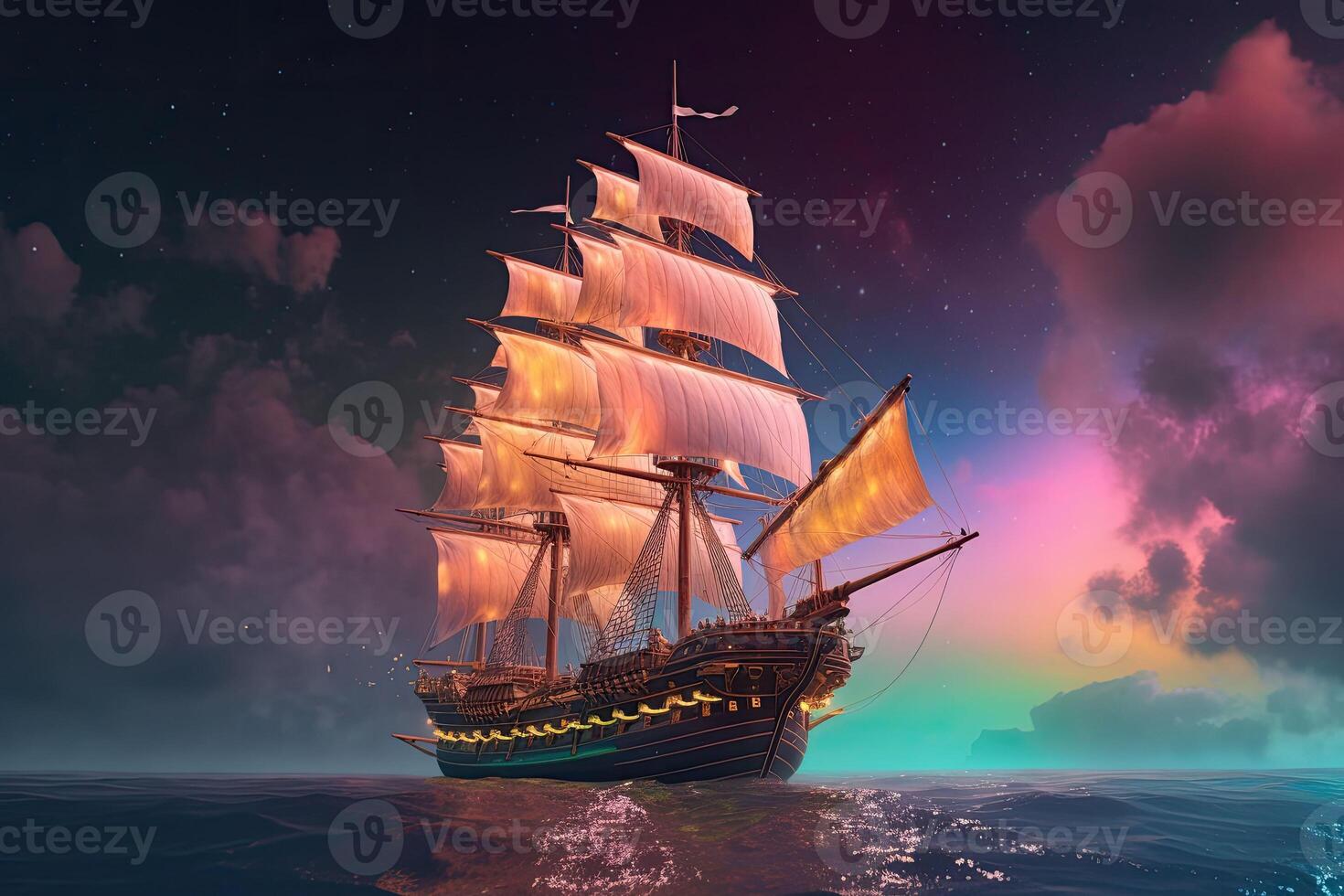 Old magic frigate flying on colorful cumulonimbus clouds. Ship in the ocean with stardust and fantasy sky. photo