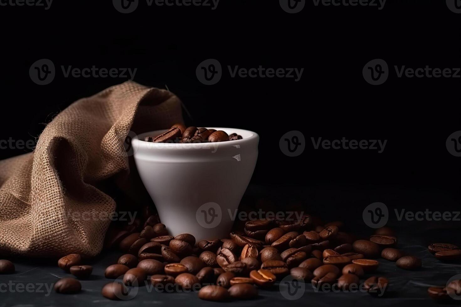 Cup of coffee and coffee beans in a sack on dark background. photo