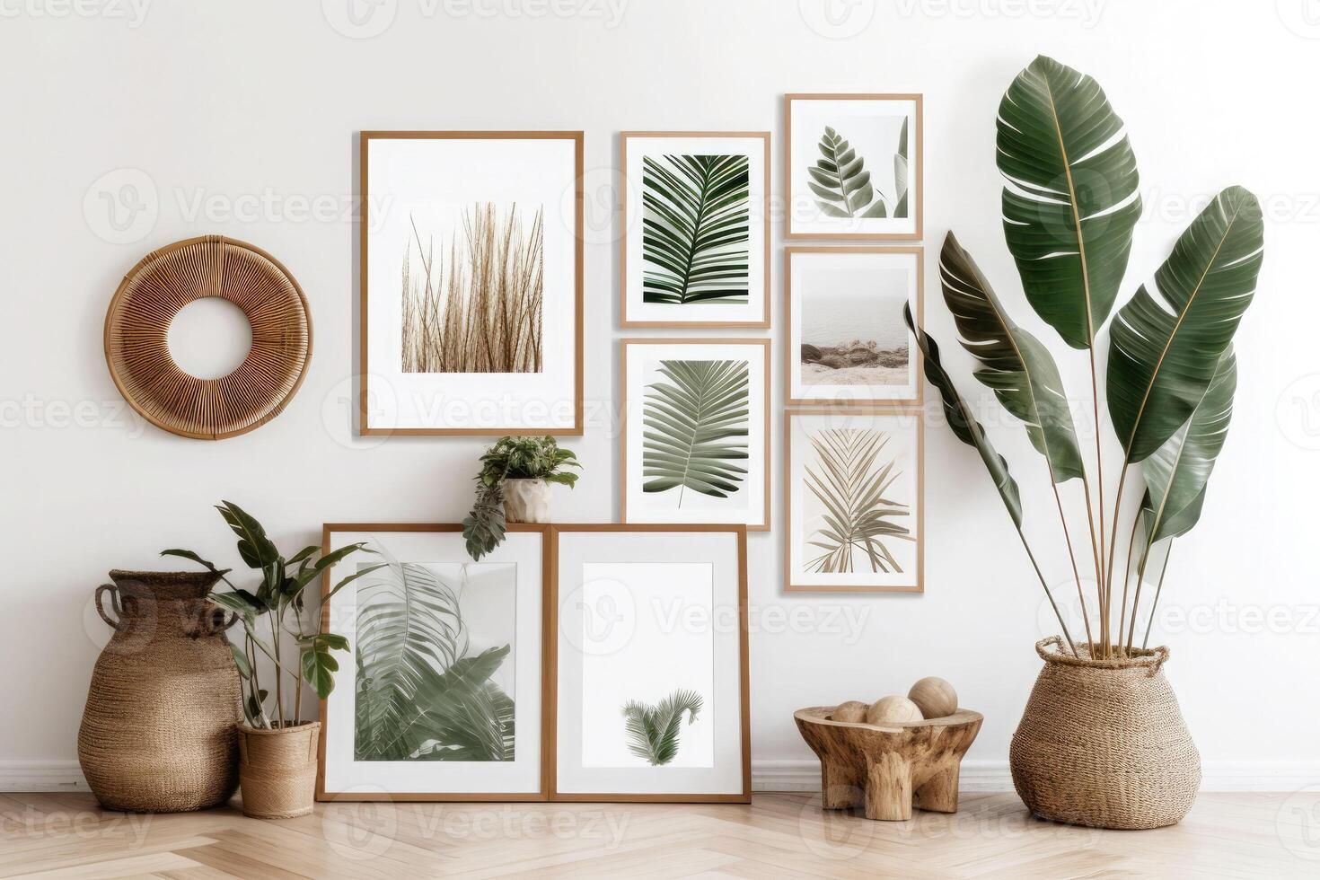 Frames in home interior. Room in boho style with natural wooden furniture and plants. photo