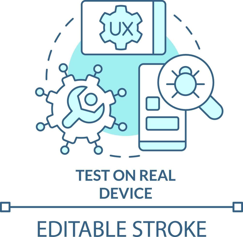 Test on real device turquoise concept icon. Mobile first design process abstract idea thin line illustration. Isolated outline drawing. Editable stroke vector