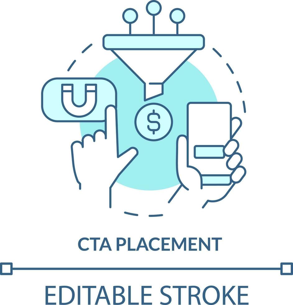 cta colocación turquesa concepto icono. llamada a acción. móvil sitio web desarrollo resumen idea Delgado línea ilustración. aislado contorno dibujo. editable carrera vector