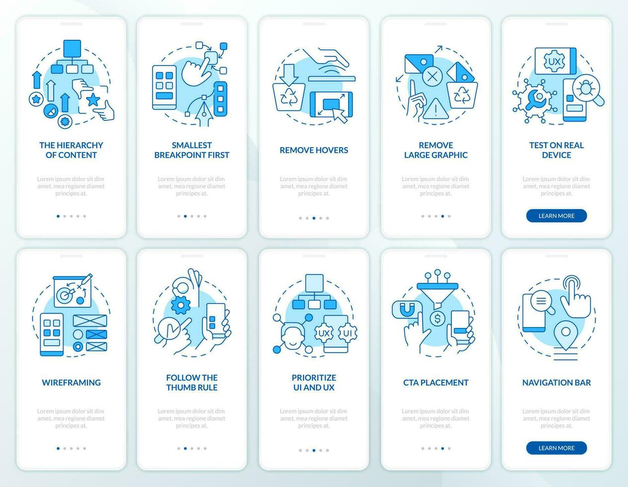 móvil primero diseño azul inducción móvil aplicación pantalla colocar. recorrido 5 5 pasos editable gráfico instrucciones con lineal conceptos. ui, ux, gui modelo vector