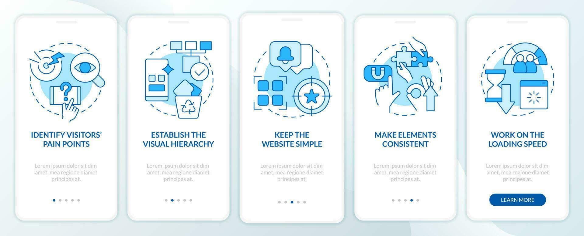 Mobile first key elements blue onboarding mobile app screen. Walkthrough 5 steps editable graphic instructions with linear concepts. UI, UX, GUI template vector