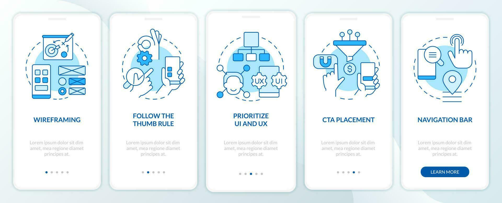 Mobile website development blue onboarding mobile app screen. Walkthrough 5 steps editable graphic instructions with linear concepts. UI, UX, GUI template vector