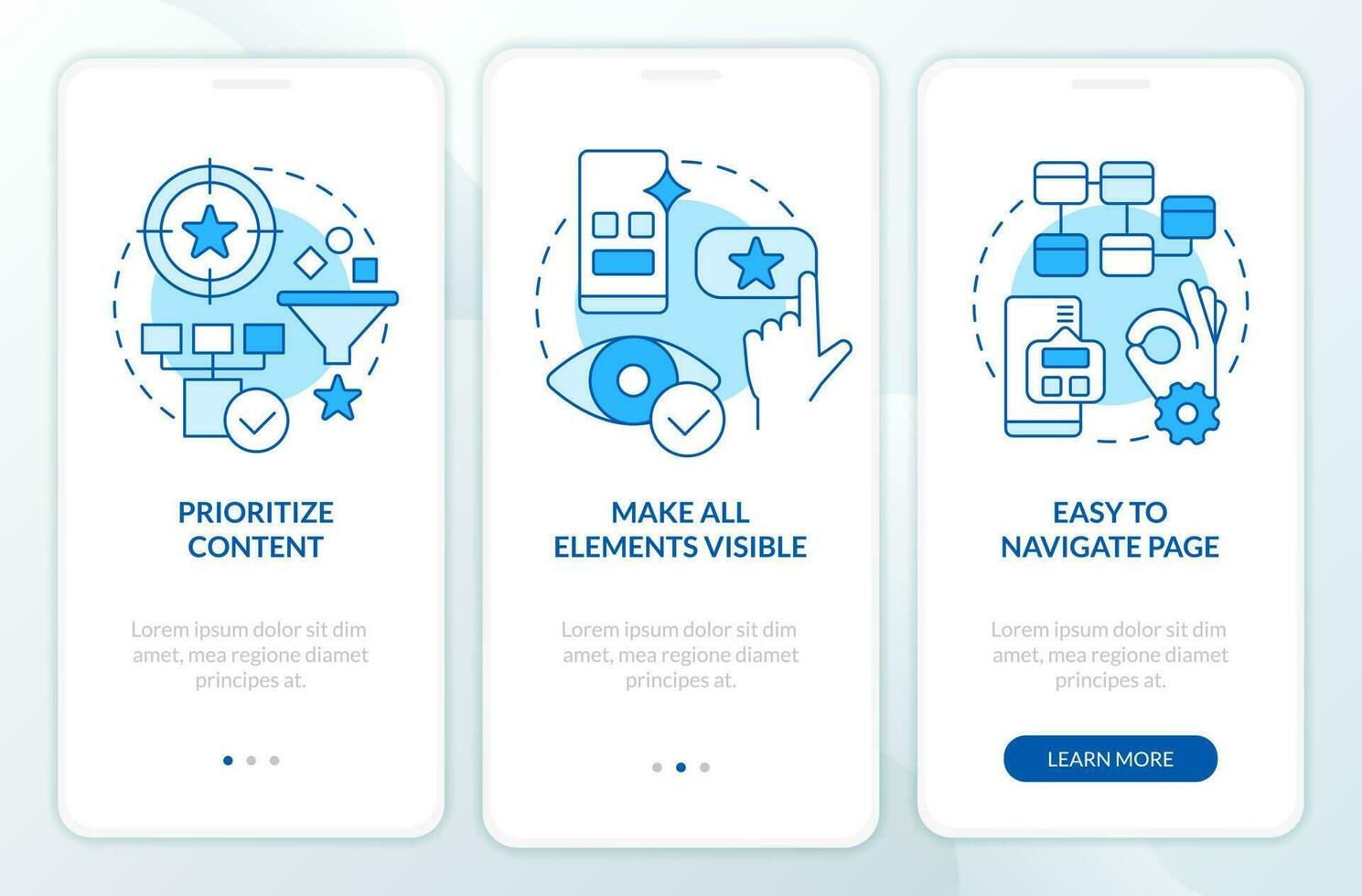 móvil diseño recomendaciones azul inducción móvil aplicación pantalla. recorrido 3 pasos editable gráfico instrucciones con lineal conceptos. ui, ux, gui modelo vector