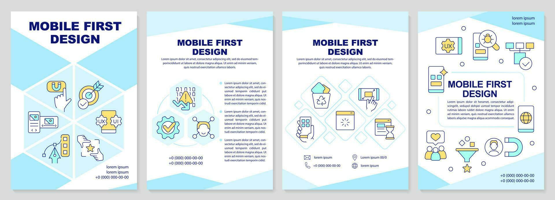 Mobile first design turquoise brochure template. Leaflet design with linear icons. Editable 4 vector layouts for presentation, annual reports