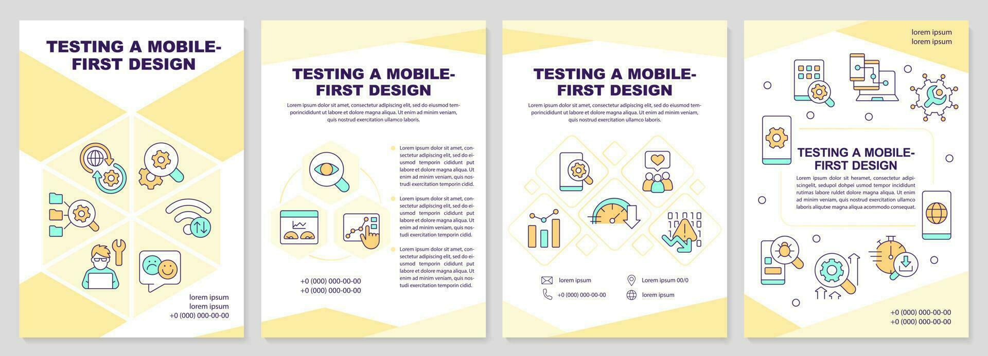 Testing mobile first design yellow brochure template. Leaflet design with linear icons. Editable 4 vector layouts for presentation, annual reports