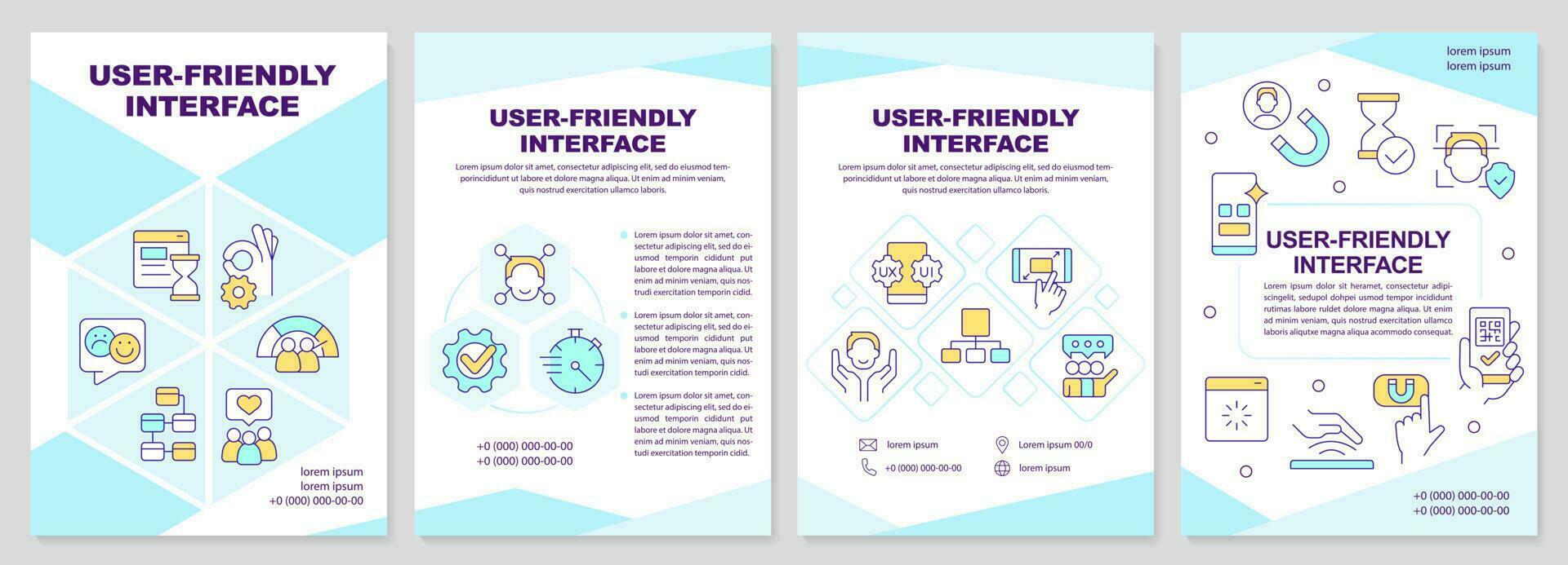 User friendly interface brochure template. Website development. Leaflet design with linear icons. Editable 4 vector layouts for presentation, annual reports