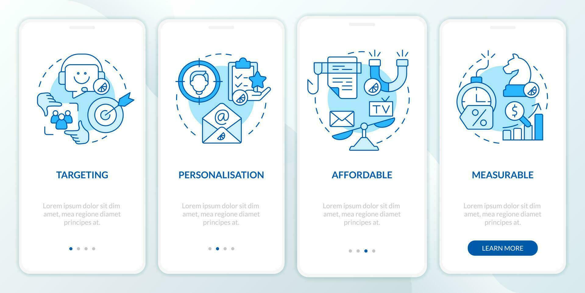 Benefits of direct marketing blue onboarding mobile app screen. Walkthrough 4 steps editable graphic instructions with linear concepts. UI, UX, GUI template vector