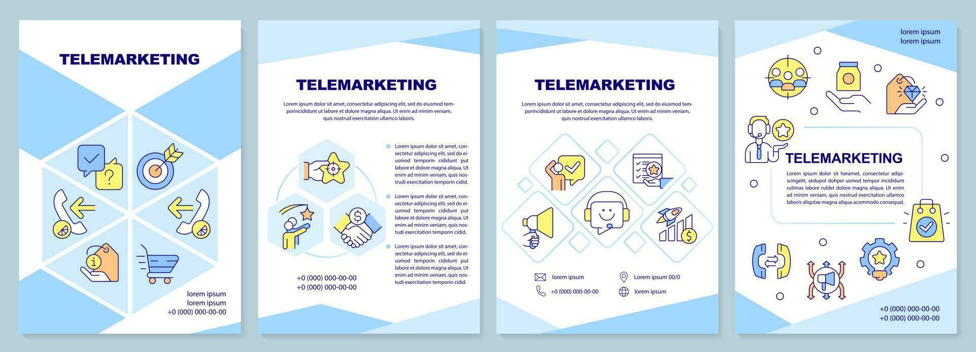 telemarketing azul folleto modelo. ventas con teléfono llamadas folleto diseño con lineal iconos editable 4 4 vector diseños para presentación, anual informes