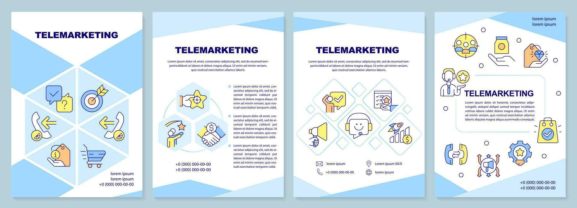 Telemarketing blue brochure template. Sales with phone calls. Leaflet design with linear icons. Editable 4 vector layouts for presentation, annual reports