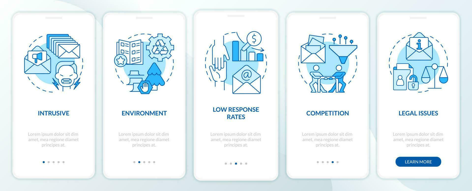 Challenges of direct marketing blue onboarding mobile app screen. Walkthrough 5 steps editable graphic instructions with linear concepts. UI, UX, GUI template vector