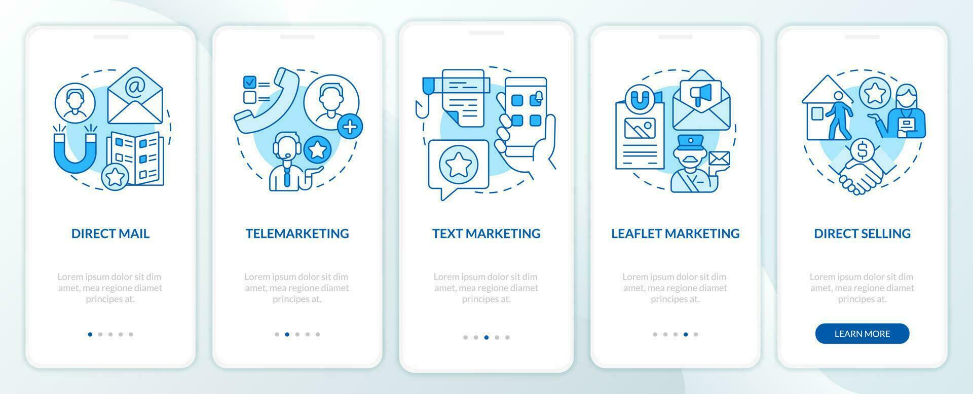 Types of direct marketing blue onboarding mobile app screen. Walkthrough 5 steps editable graphic instructions with linear concepts. UI, UX, GUI template vector