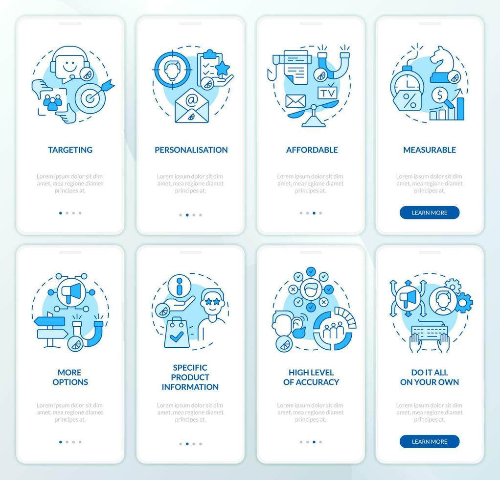Direct marketing benefits blue onboarding mobile app screen set. Pros walkthrough 4 steps editable graphic instructions with linear concepts. UI, UX, GUI template vector