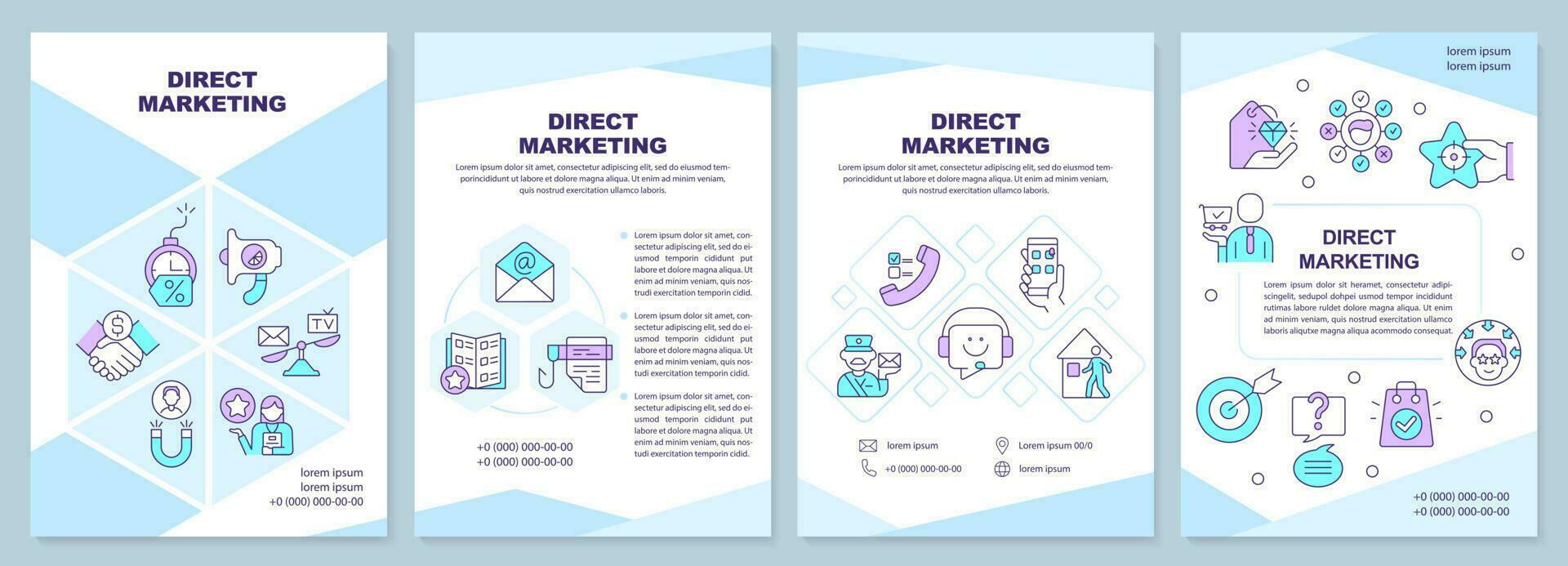 Direct marketing blue brochure template. Strategy. Leaflet design with linear icons. Editable 4 vector layouts for presentation, annual reports