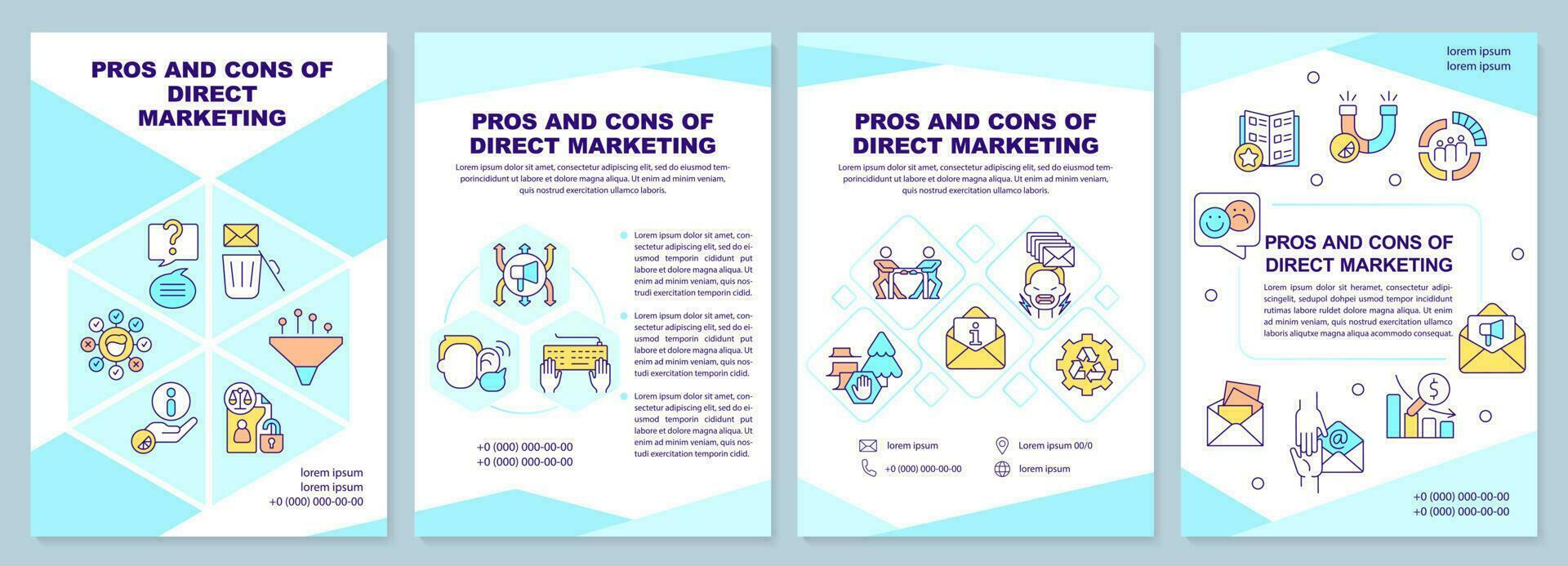 Pros and cons of direct marketing turquoise brochure template. Leaflet design with linear icons. Editable 4 vector layouts for presentation, annual reports