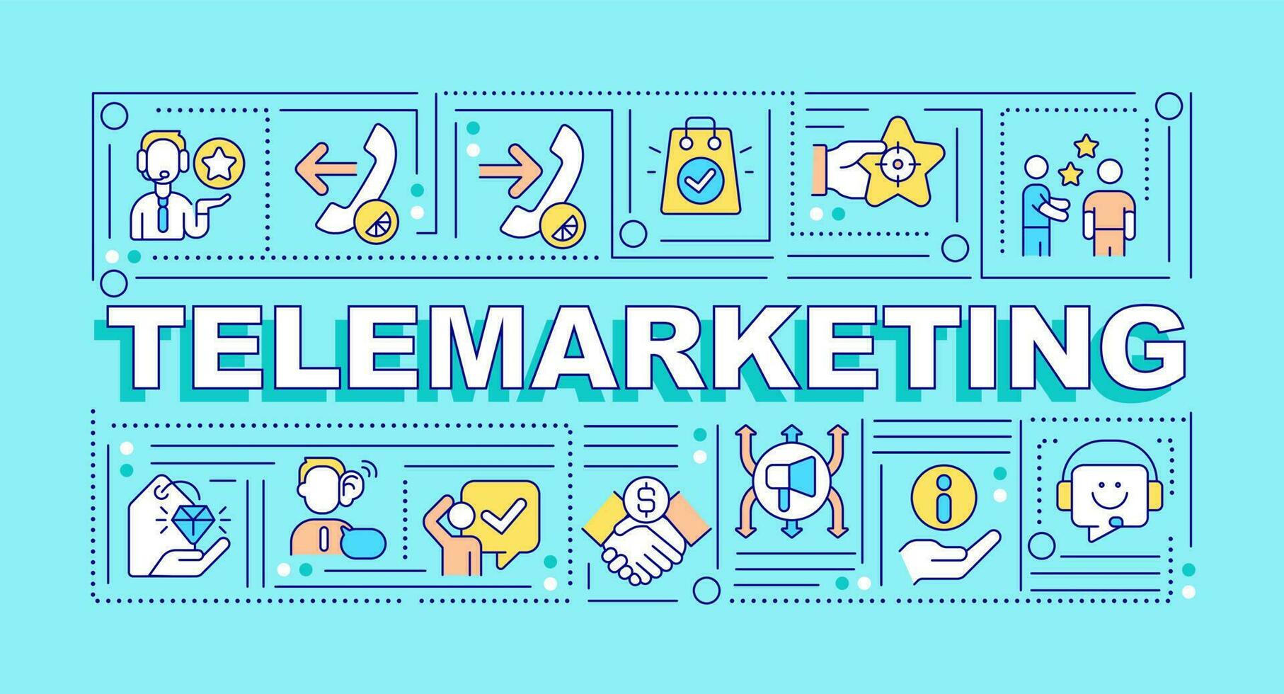 Telemarketing word concepts turquoise banner. Phone sales strategy. Infographics with editable icons on color background. Isolated typography. Vector illustration with text