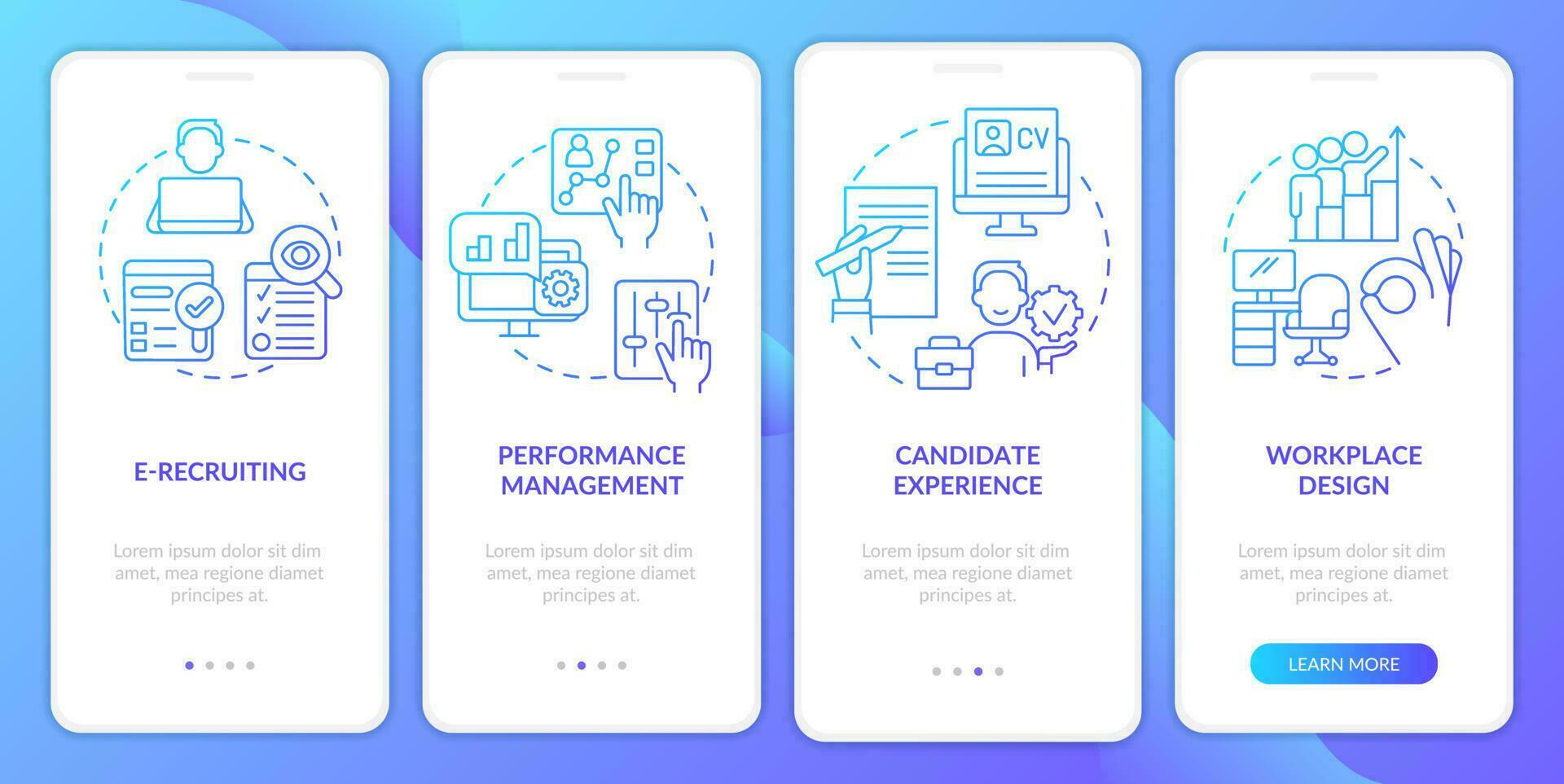 Recruiting methods blue gradient onboarding mobile app screen. HR system walkthrough 4 steps graphic instructions with linear concepts. UI, UX, GUI template vector