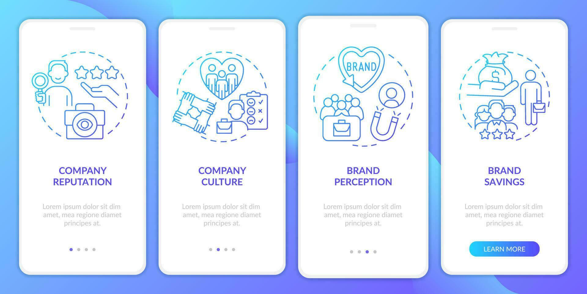 Company reputation blue gradient onboarding mobile app screen. Brand perception walkthrough 4 steps graphic instructions with linear concepts. UI, UX, GUI template vector