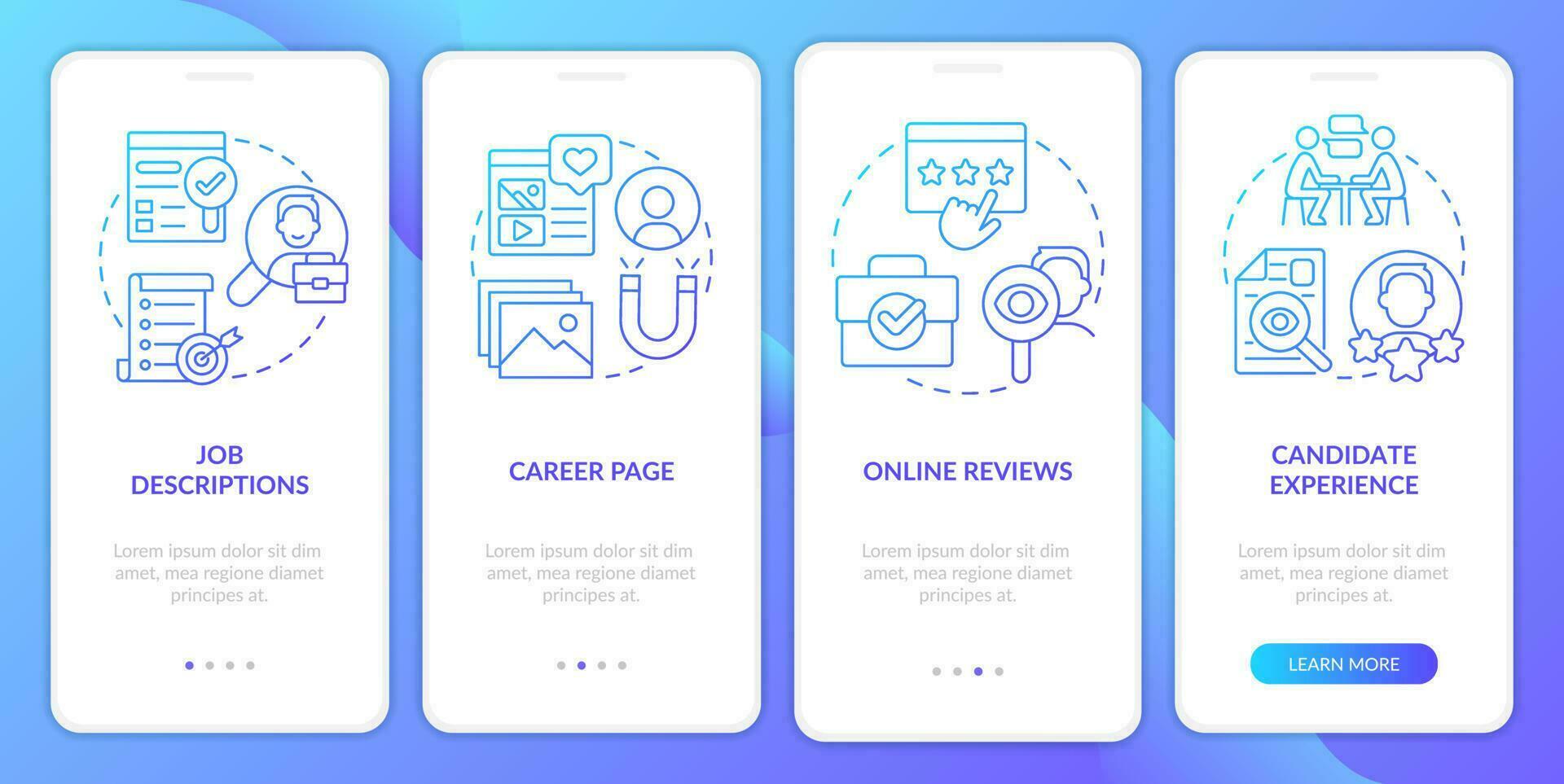 Recruitment blue gradient onboarding mobile app screen. Finding talent walkthrough 4 steps graphic instructions with linear concepts. UI, UX, GUI template vector