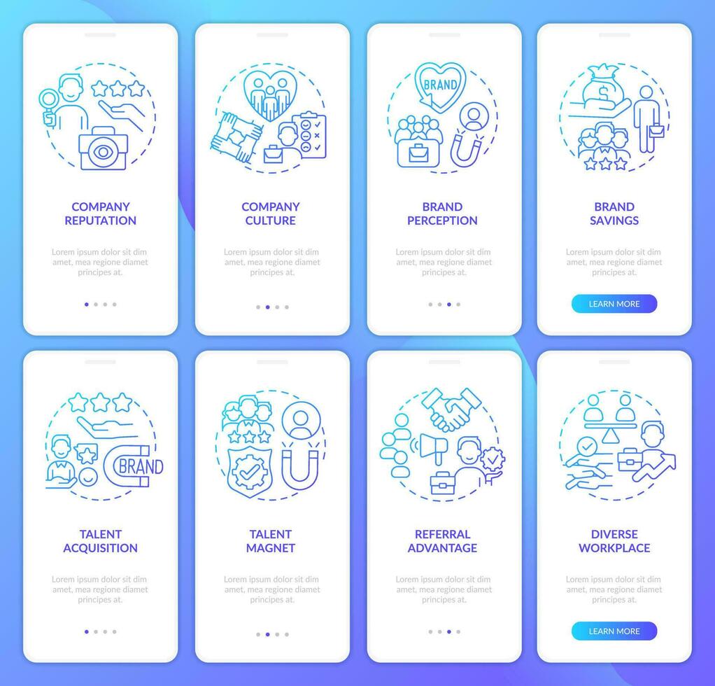 Employer brand advantages blue gradient onboarding mobile app screen. HR walkthrough 4 steps graphic instructions with linear concepts. UI, UX, GUI template vector