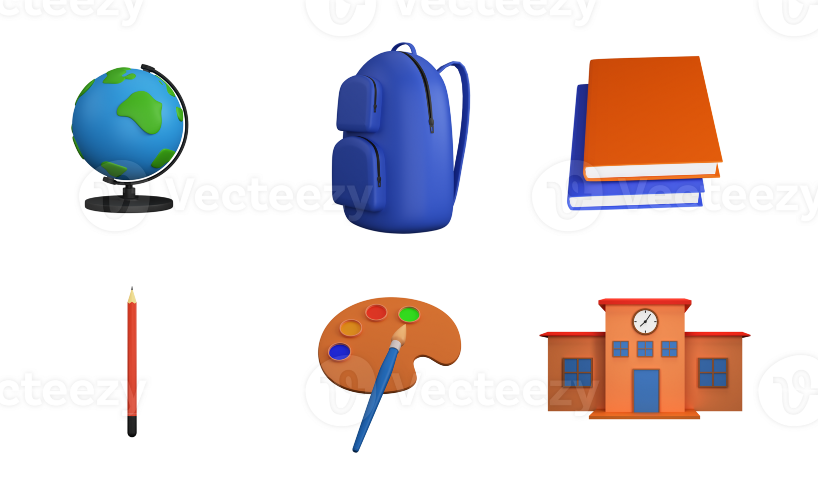 3D Rendering School Supplies of Bag, Books, Pen, Coloring Plate And Globe Stand. png