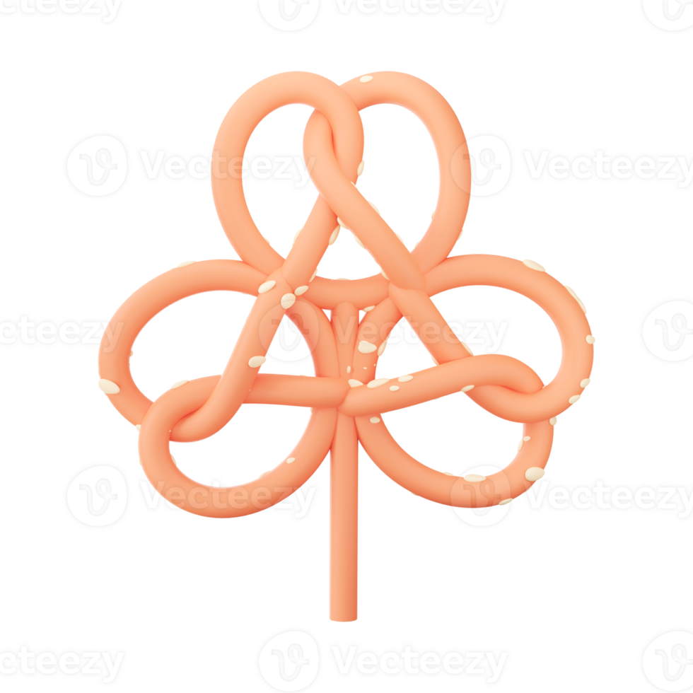 3D Render of Delicious Pretzel In Shamrock Leaf Shape. png
