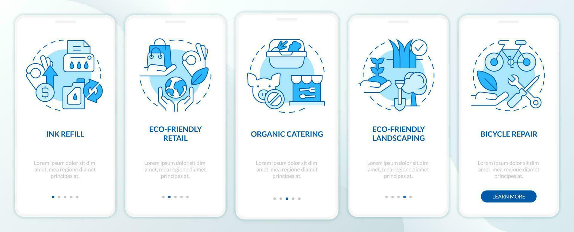 Green business ideas blue onboarding mobile app screen. Walkthrough 5 steps editable graphic instructions with linear concepts. UI, UX, GUI template vector