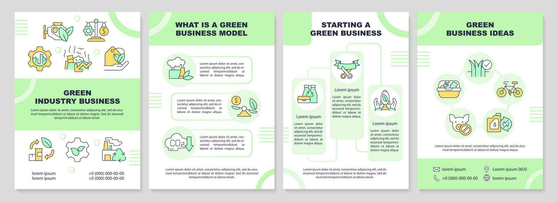 Green industry business brochure template. Eco friendly. Leaflet design with linear icons. Editable 4 vector layouts for presentation, annual reports