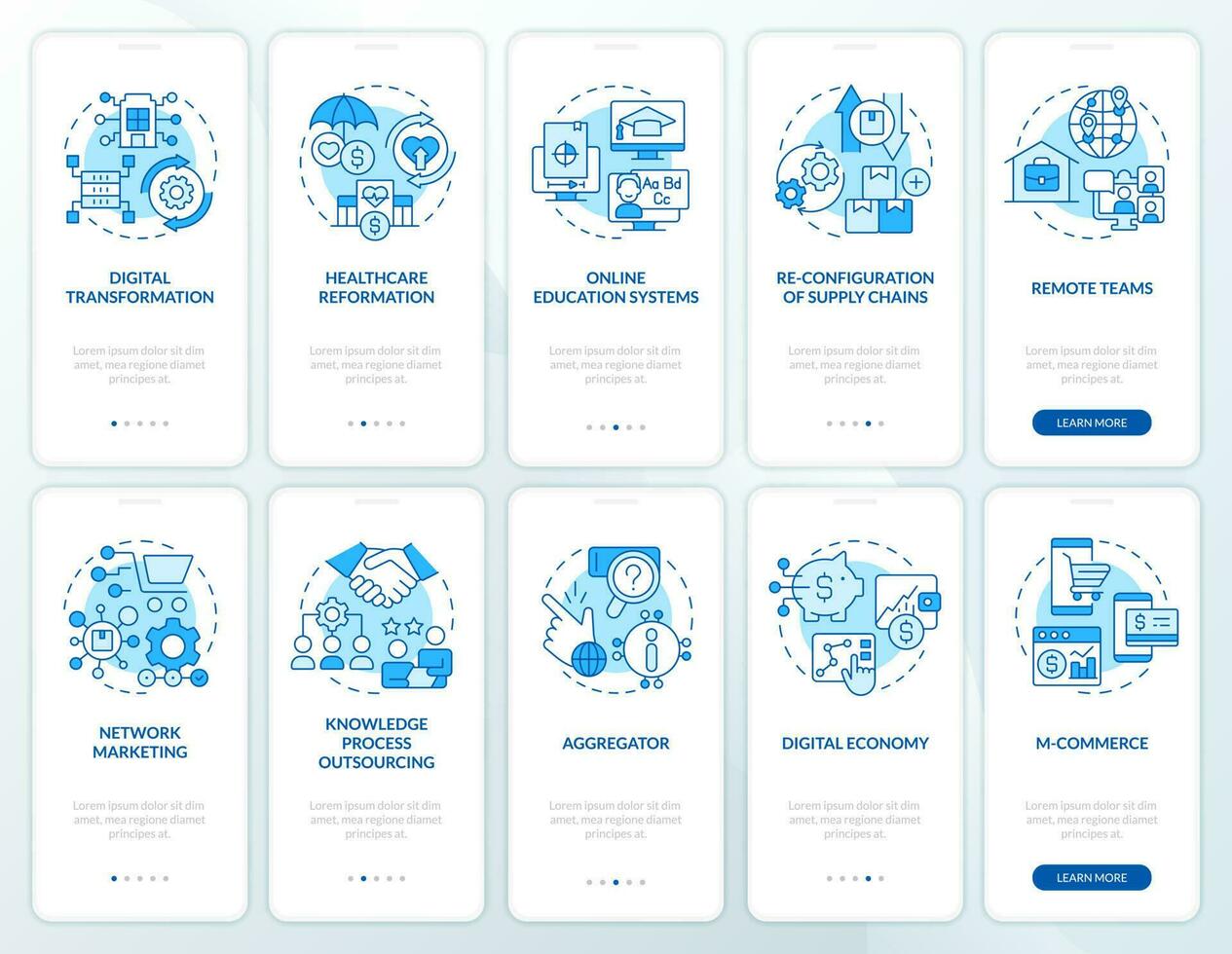 Business tendencies blue onboarding mobile app screen set. Commerce walkthrough 5 steps editable graphic instructions with linear concepts. UI, UX, GUI template vector