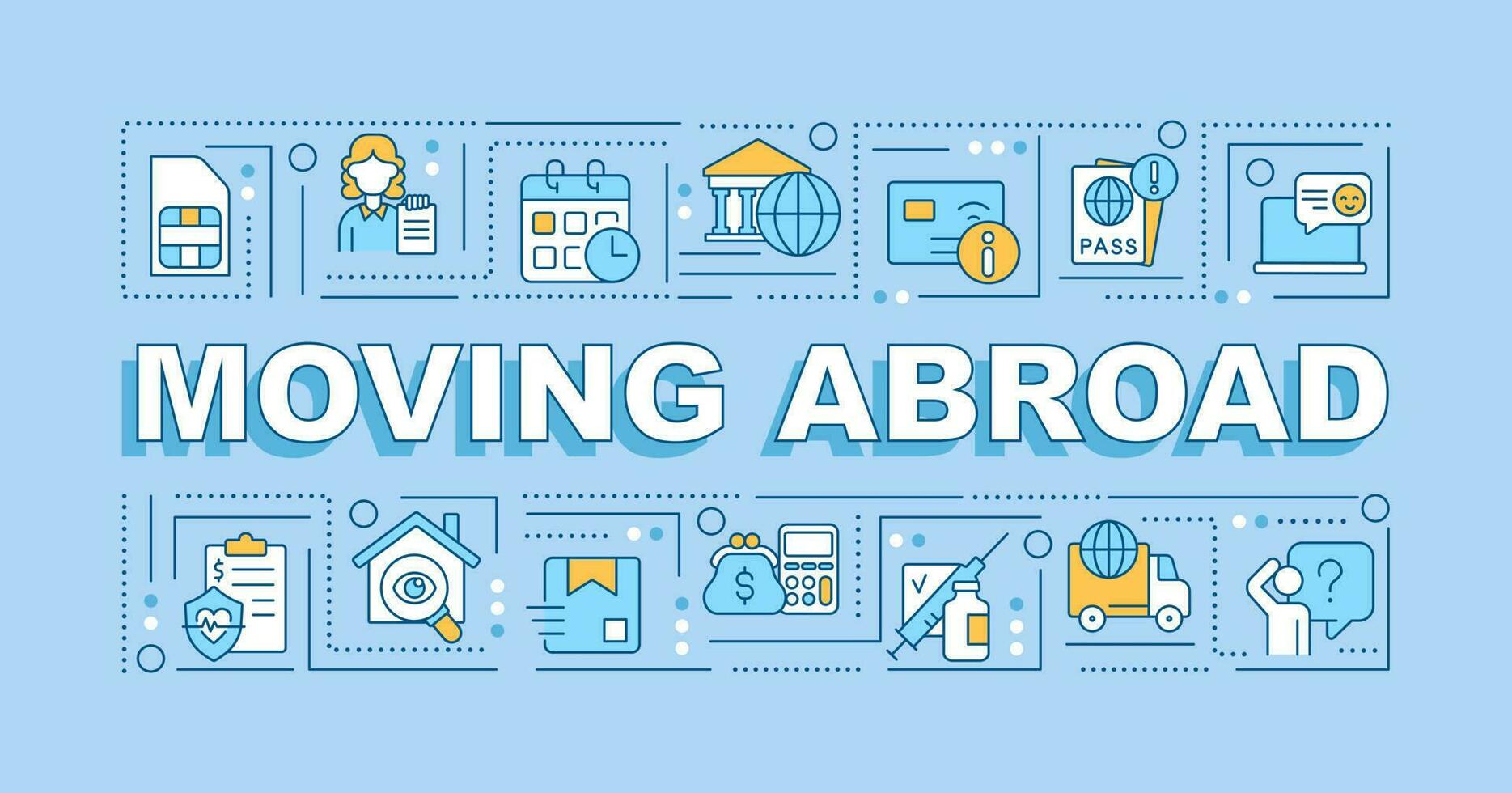 Moving abroad word concepts blue banner. Living overseas preparation. Infographics with editable icons on color background. Isolated typography. Vector illustration with text