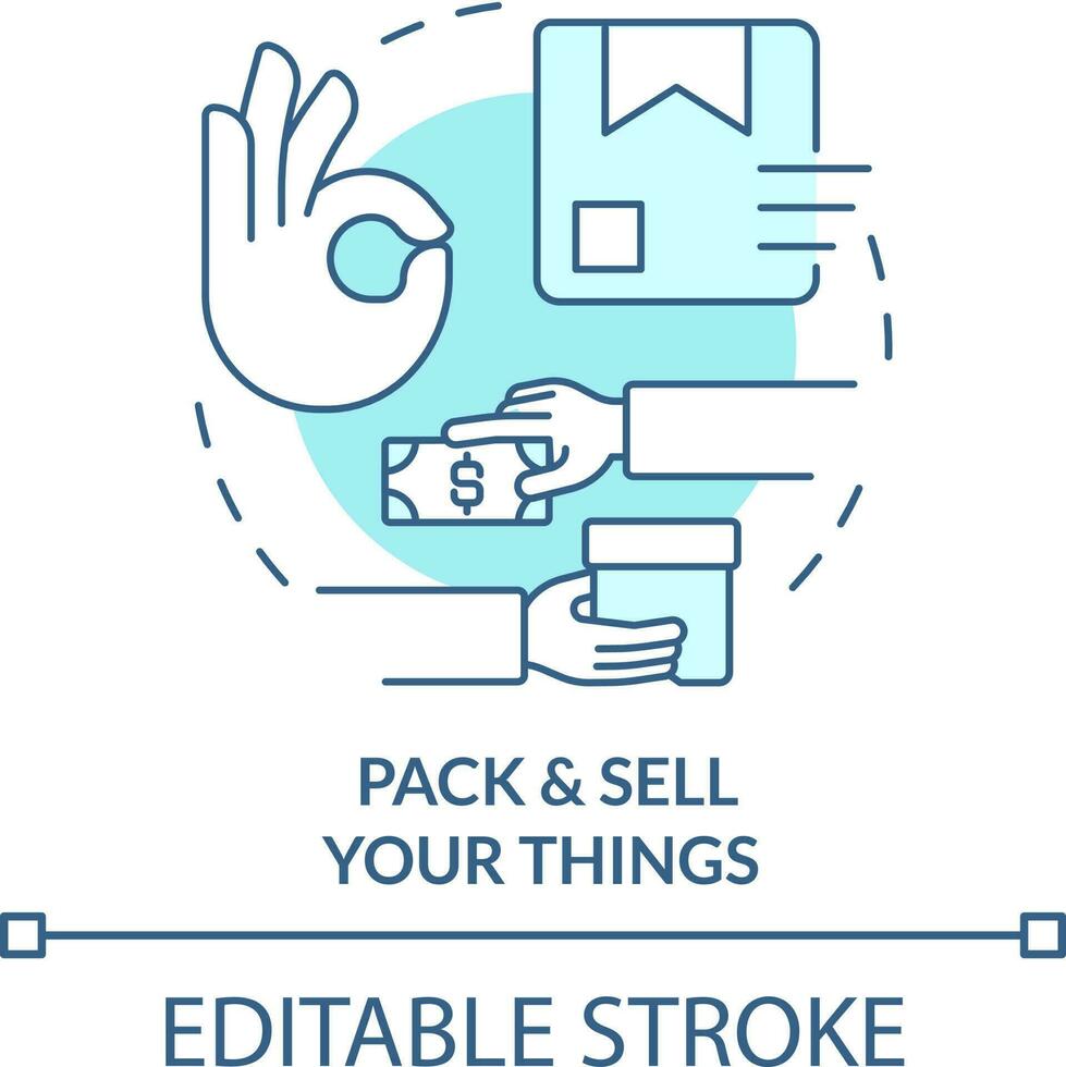 Pack and sell your things turquoise concept icon. Manage belongings abstract idea thin line illustration. Isolated outline drawing. Editable stroke vector