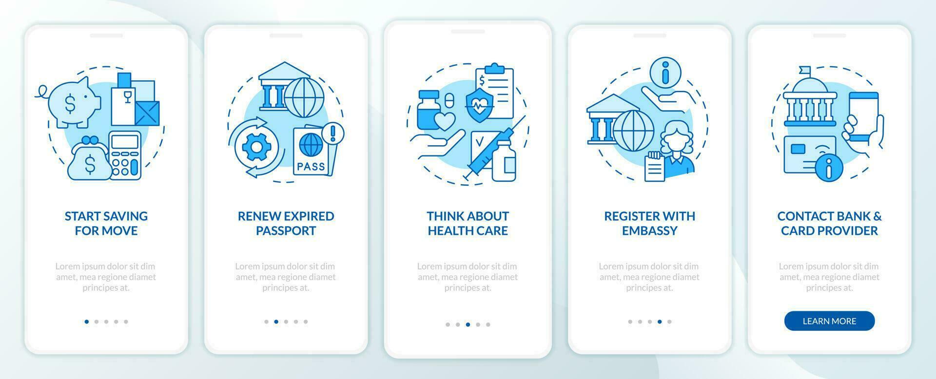 Prepare to travel guide blue onboarding mobile app screen. Overseas walkthrough 5 steps editable graphic instructions with linear concepts. UI, UX, GUI template vector