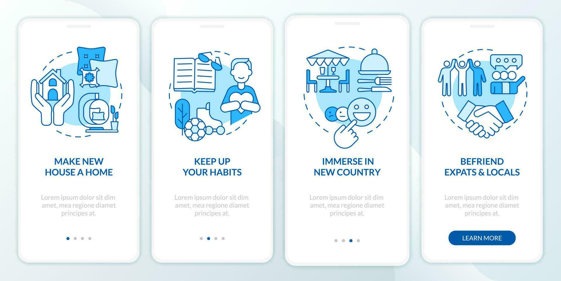 Combat homesickness tips blue onboarding mobile app screen. Abroad walkthrough 4 steps editable graphic instructions with linear concepts. UI, UX, GUI template vector