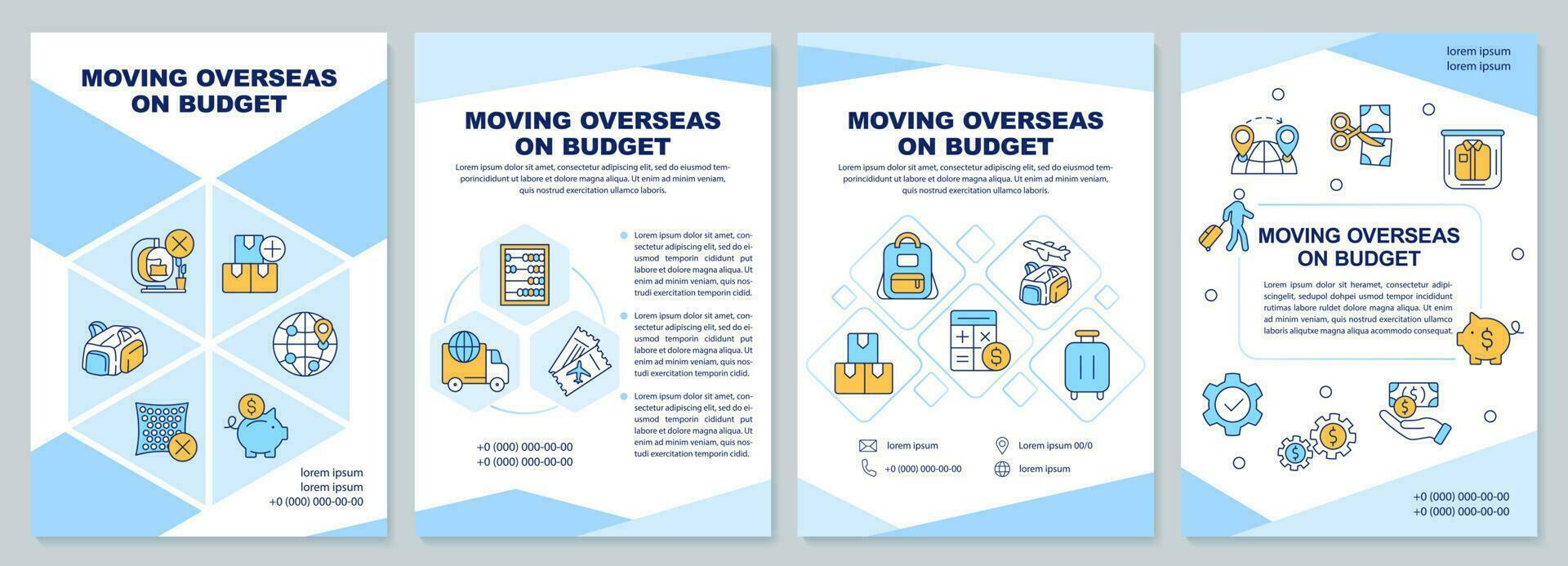 Moving overseas on budget blue brochure template. Cheap travel. Leaflet design with linear icons. Editable 4 vector layouts for presentation, annual reports