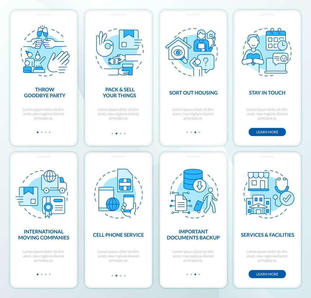 Prepare to move abroad blue onboarding mobile app screen set. Relocate walkthrough 4 steps editable graphic instructions with linear concepts. UI, UX, GUI template vector