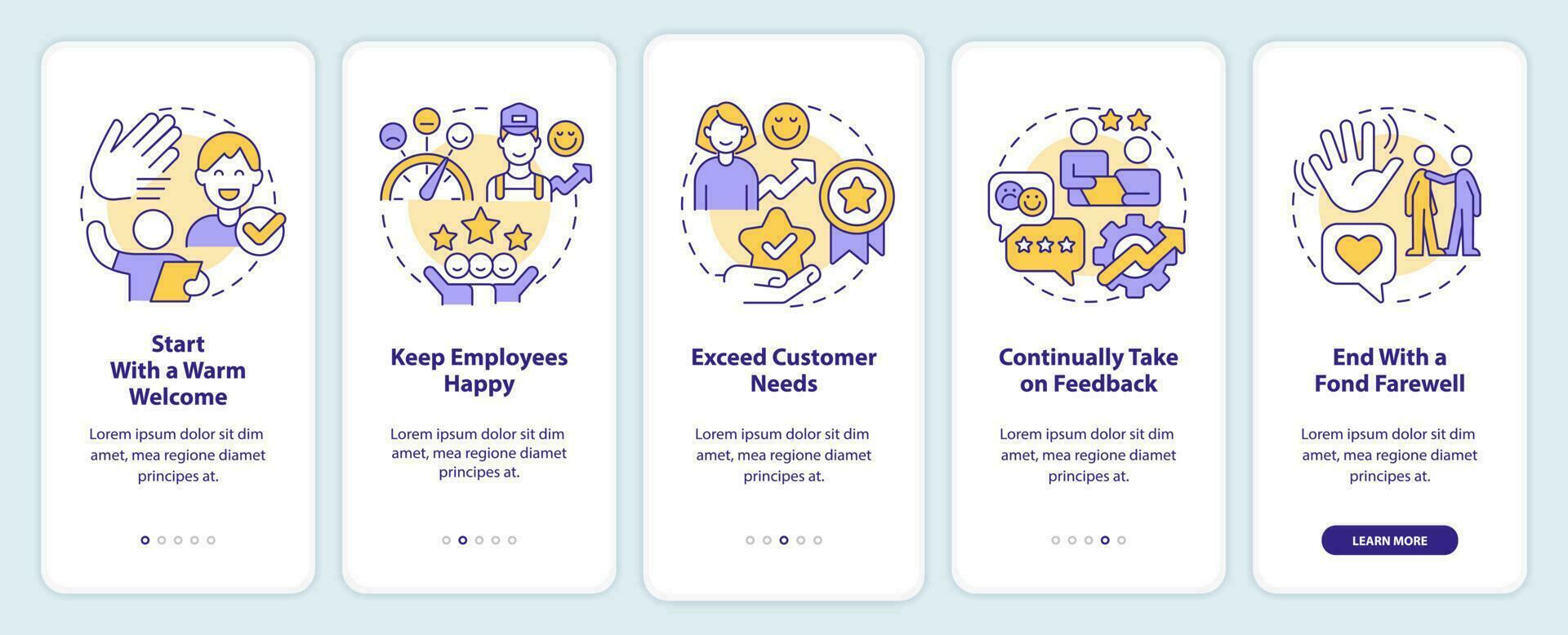 Practices in hospitality customer service onboarding mobile app screen. Walkthrough 5 steps editable graphic instruction with linear concepts. UI, UX, GUI template vector