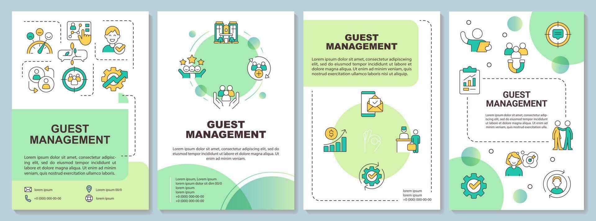 Guest service management green brochure template. Satisfaction. Leaflet design with linear icons. Editable 4 vector layouts for presentation, annual reports