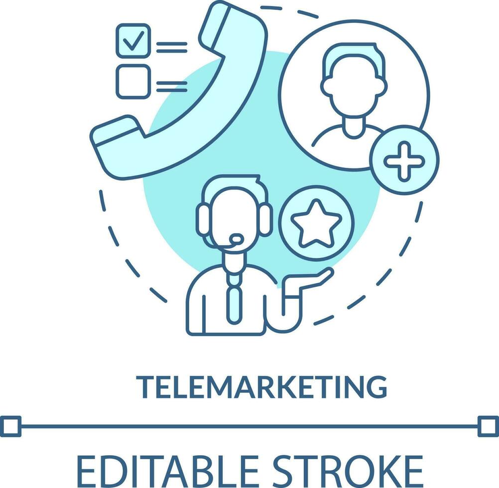 Telemarketing turquoise concept icon. Selling by phone. Type of direct marketing abstract idea thin line illustration. Isolated outline drawing. Editable stroke vector