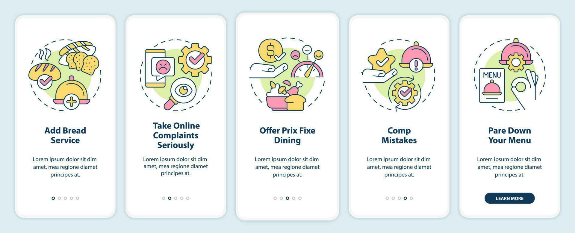 Improve restaurant customer satisfaction onboarding mobile app screen. Walkthrough 5 steps editable graphic instructions with linear concepts. UI, UX, GUI template vector