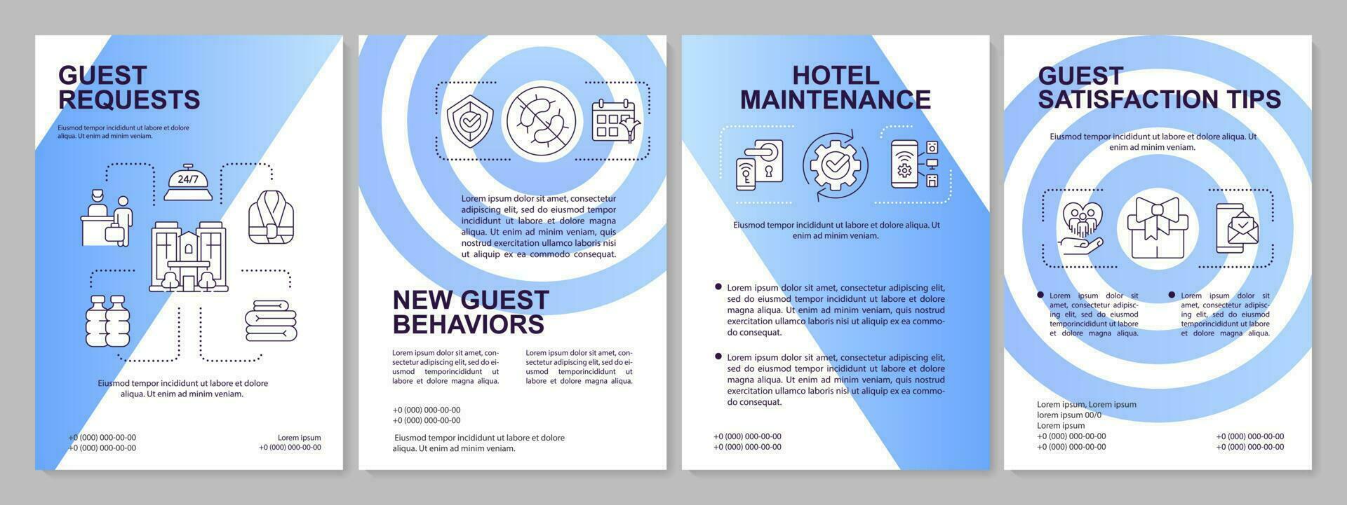 Guest experience in hotel blue gradient brochure template. New behaviors. Leaflet design with linear icons. 4 vector layouts for presentation, annual reports