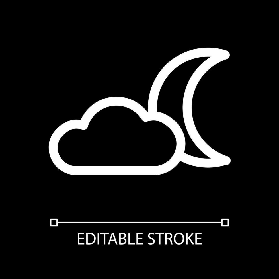 Cloudy night white linear ui icon for dark theme. Sleeping mode. Nighttime weather. Vector line pictogram. Isolated user interface symbol for night mode. Editable stroke