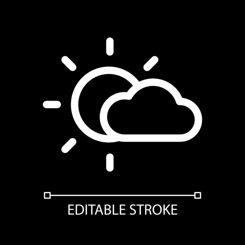 Partly cloudy white linear ui icon for dark theme. Weather prediction. Mostly sunny. Vector line pictogram. Isolated user interface symbol for night mode. Editable stroke