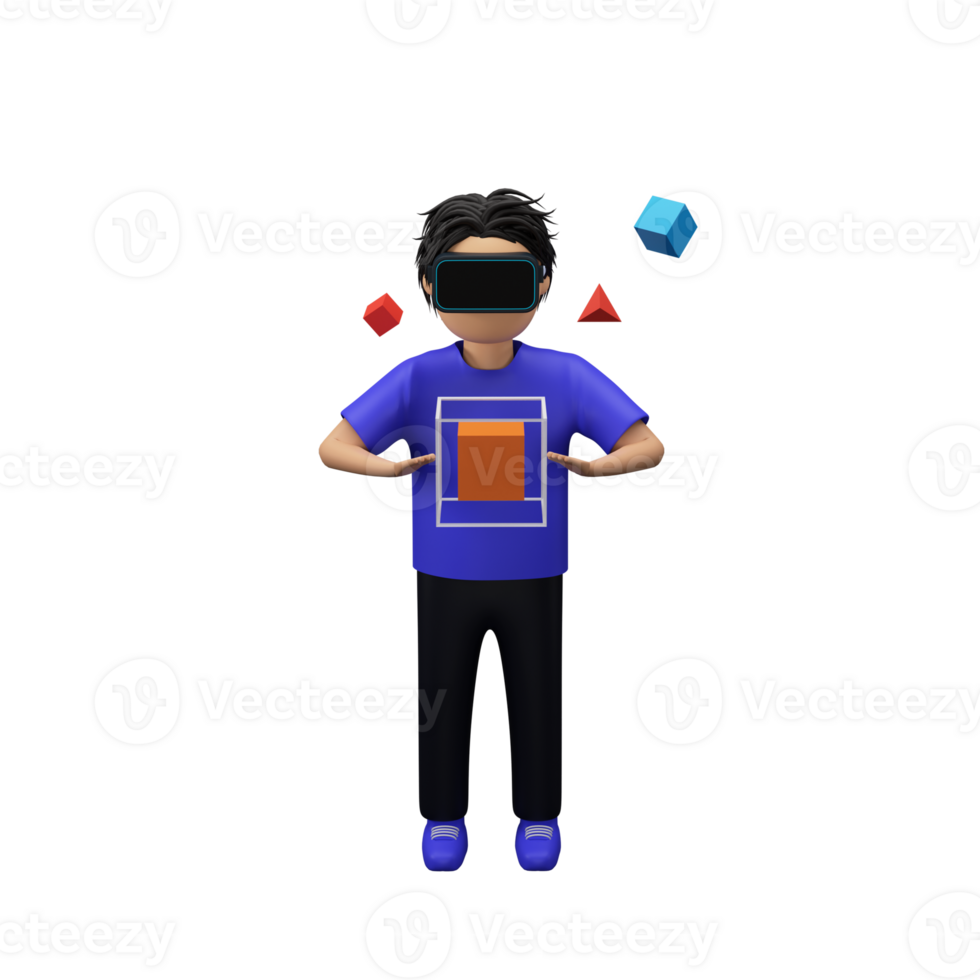 3D Rendering of Young Man, Geometric Elements Through VR Box. png