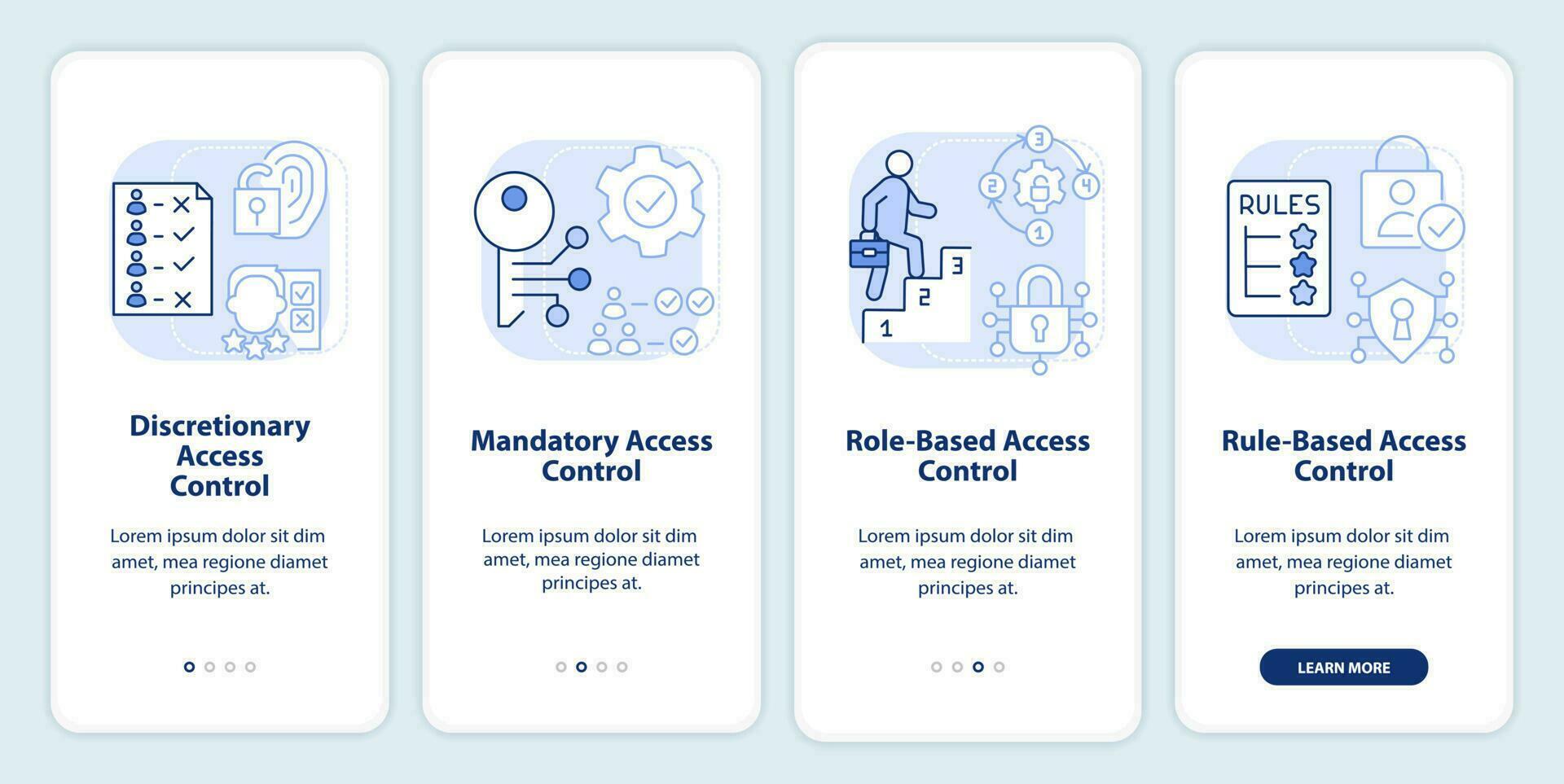 tipos de acceso controlar ligero azul inducción móvil aplicación pantalla. recorrido 4 4 pasos editable gráfico instrucciones con lineal conceptos. ui, ux, gui modelo vector